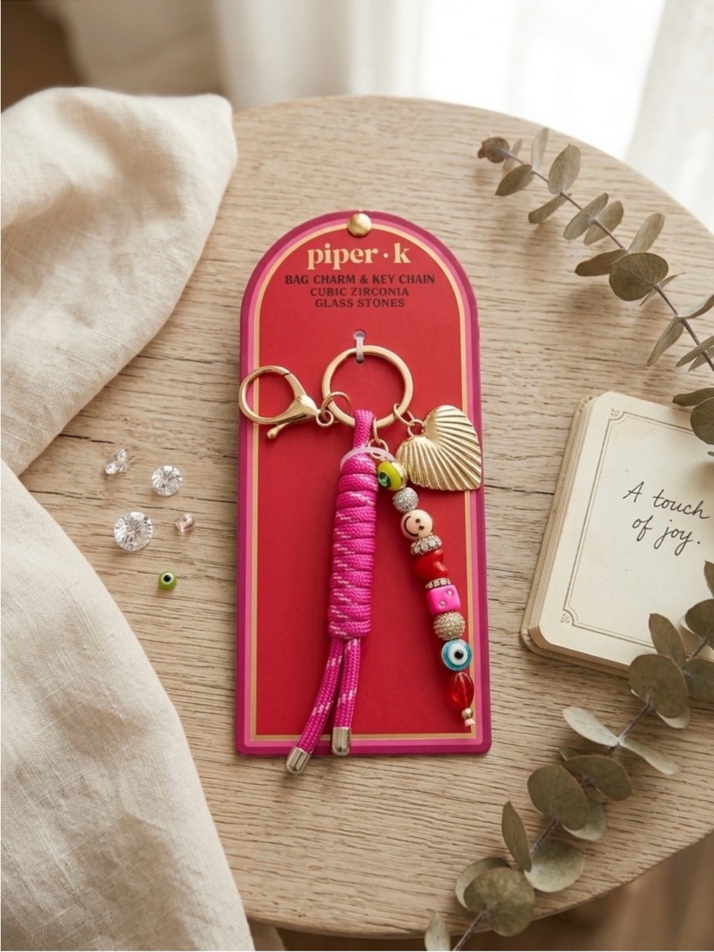 Piper Pink Braided Tassel Key & Bag Charm with Gold Heart and Multicolor Beads